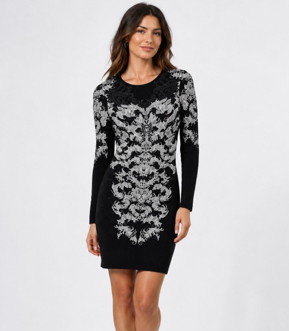 RVN Scorpio Lace Jaquard Bodycon Long Sleeve Dress Sz Medium Black White